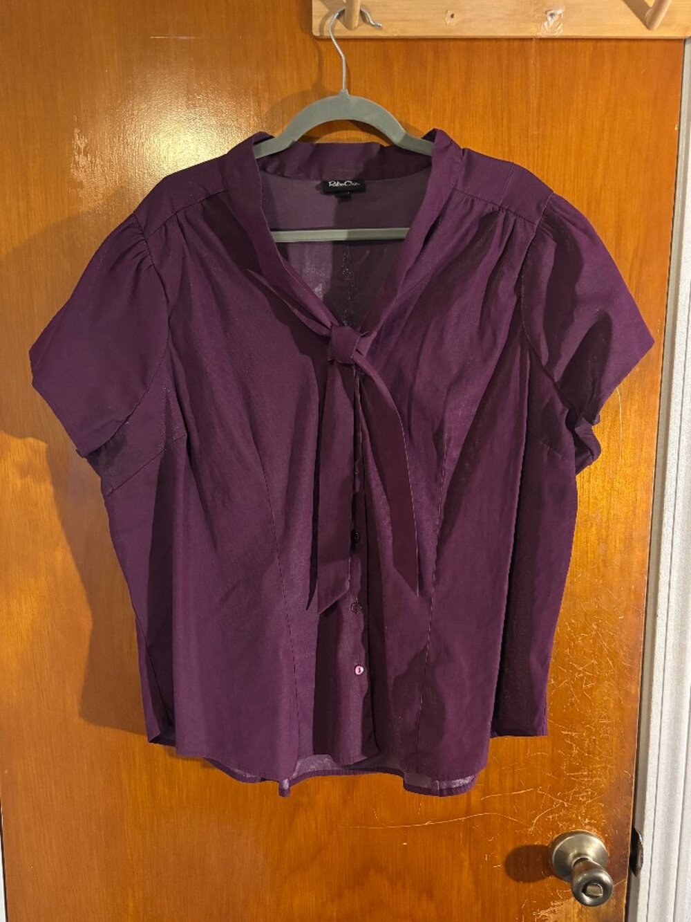 Retro Chic by Torrid 3 3X Plum Purple Tie Neck Button Down Blouse Short Sleeve